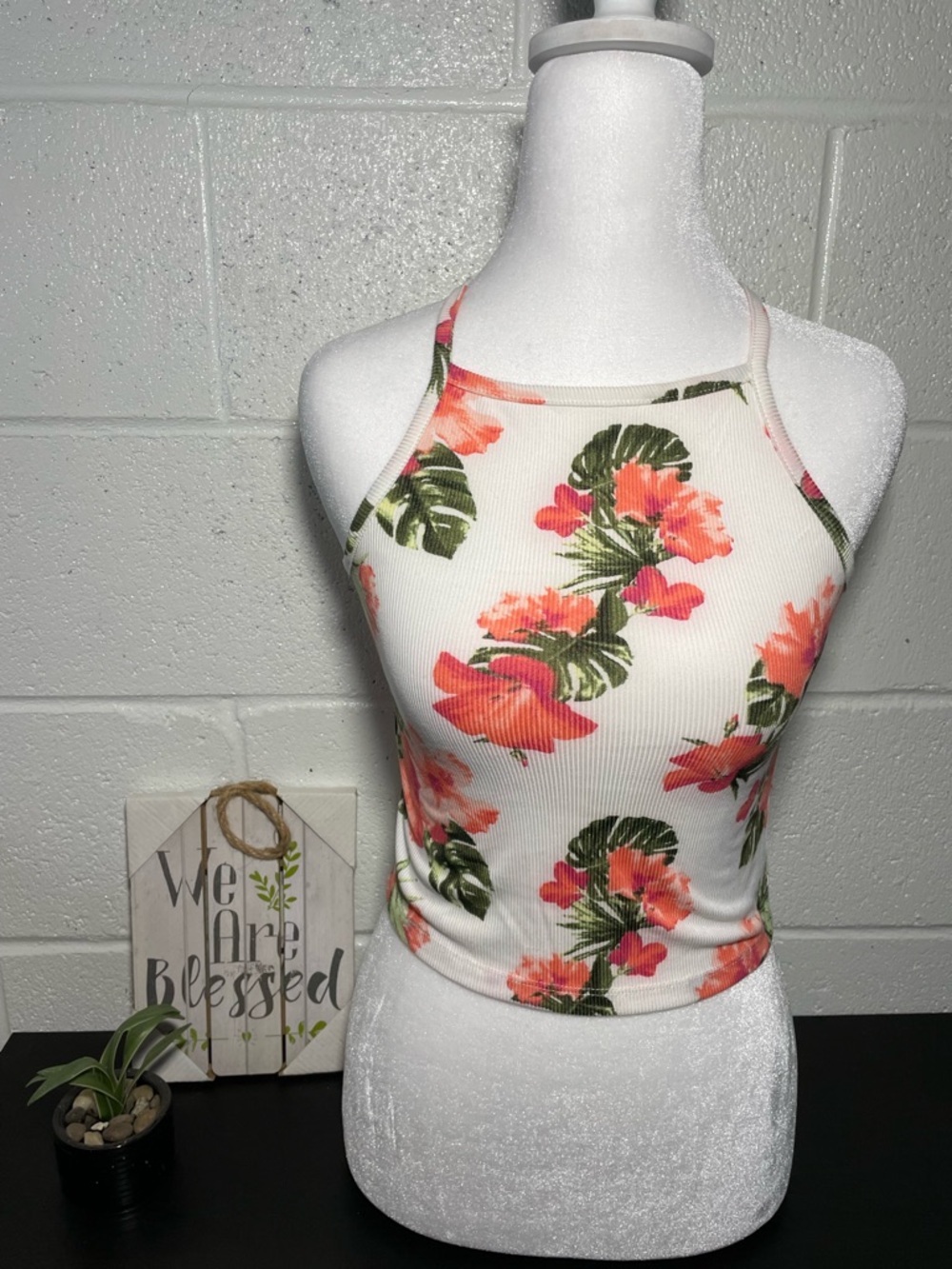 Rue21 White Halter Ribbed Crop Tank with Coral Floral Print
